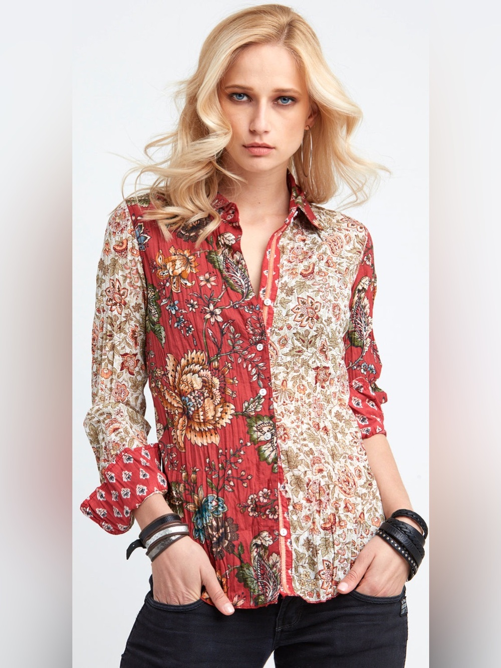 CINO Provence Mix Shirt Women XL Red Black NWOT Floral Cotton Crinkle Button Up